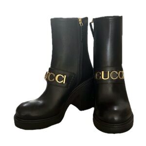 NEW 💯Authentic GUCCI Marmont Black Heeled Boots with Gold Logo
